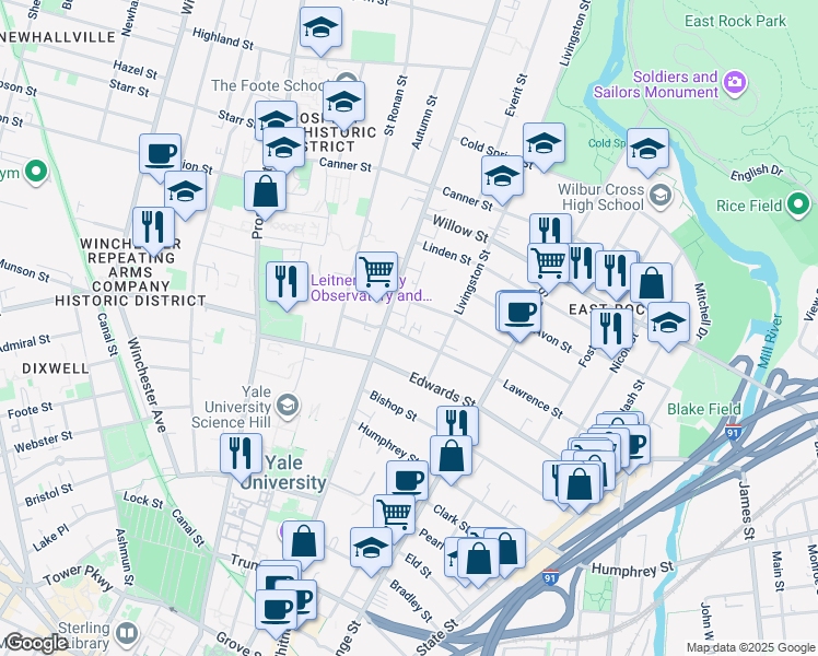 map of restaurants, bars, coffee shops, grocery stores, and more near 357 Whitney Avenue in New Haven
