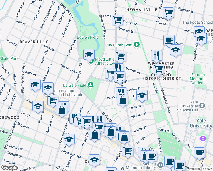 map of restaurants, bars, coffee shops, grocery stores, and more near 725 Orchard Street in New Haven