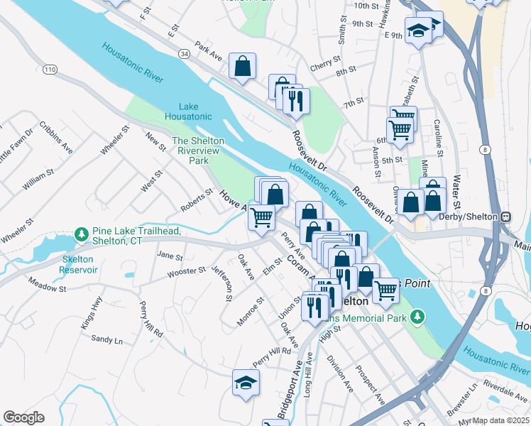 map of restaurants, bars, coffee shops, grocery stores, and more near 615 Howe Avenue in Shelton