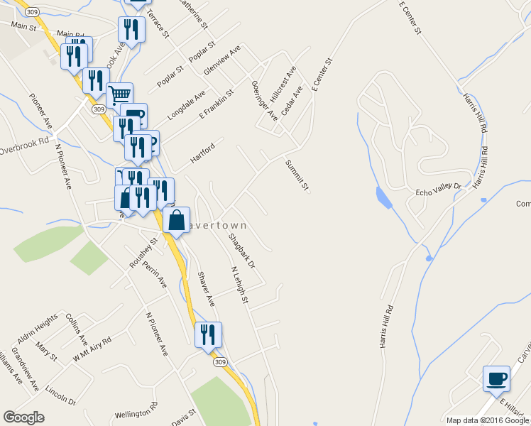 map of restaurants, bars, coffee shops, grocery stores, and more near 102 Ridge Street in Shavertown