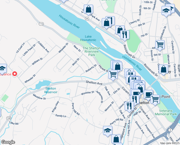 map of restaurants, bars, coffee shops, grocery stores, and more near 14 Lakeview Avenue in Shelton