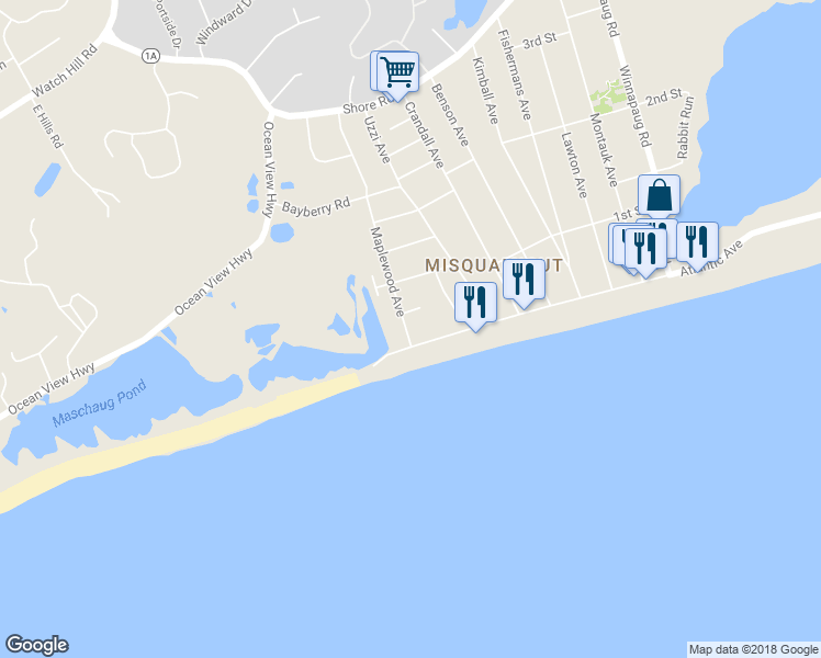 map of restaurants, bars, coffee shops, grocery stores, and more near 1 Maplewood Avenue in Westerly