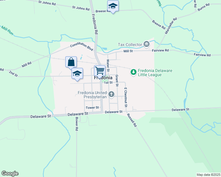 map of restaurants, bars, coffee shops, grocery stores, and more near 42 Water Street in Fredonia