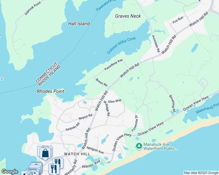 map of restaurants, bars, coffee shops, grocery stores, and more near 201 Watch Hill Road in Westerly