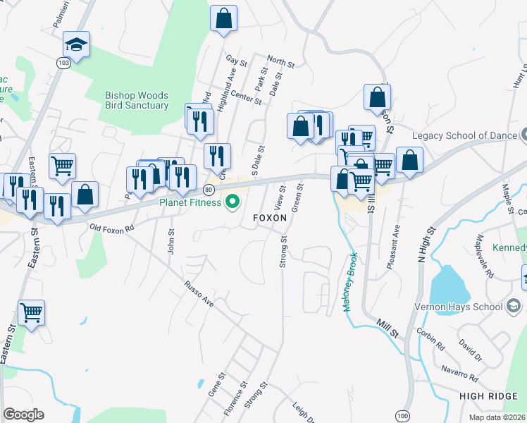 map of restaurants, bars, coffee shops, grocery stores, and more near 563 Strong Street in East Haven
