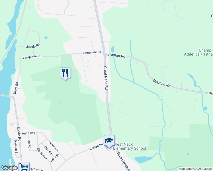 map of restaurants, bars, coffee shops, grocery stores, and more near Great Neck Road in Waterford
