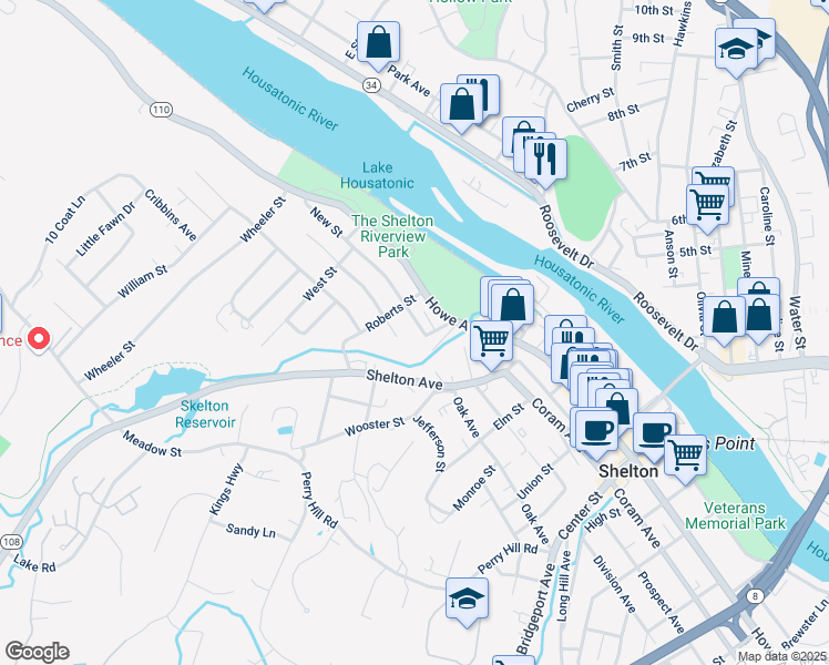 map of restaurants, bars, coffee shops, grocery stores, and more near 8 New Street in Shelton