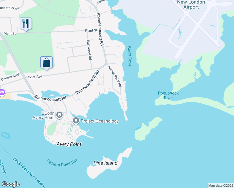map of restaurants, bars, coffee shops, grocery stores, and more near 95 Pine Island Road in Groton
