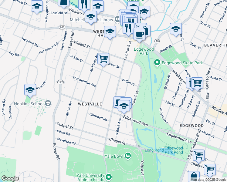 map of restaurants, bars, coffee shops, grocery stores, and more near 63 Marvel Road in New Haven