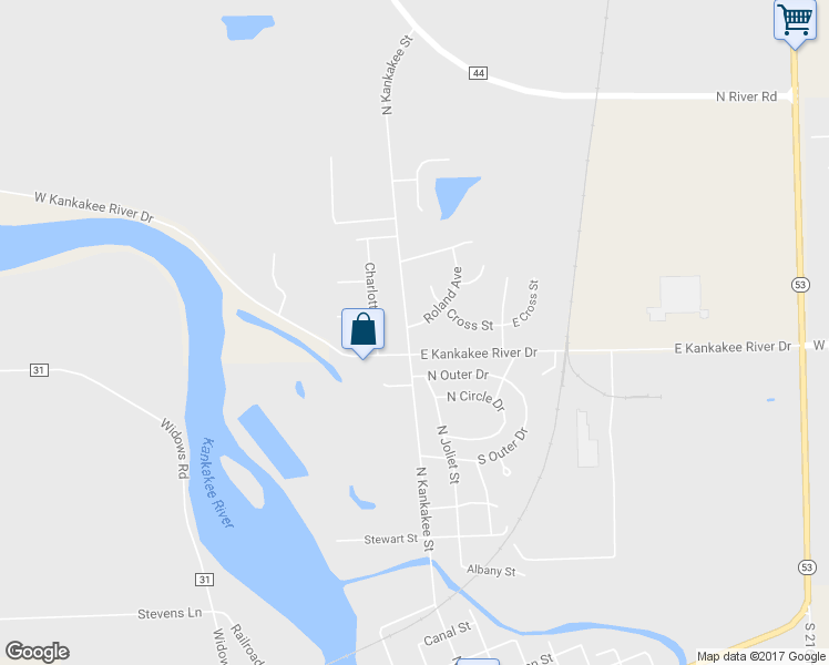 map of restaurants, bars, coffee shops, grocery stores, and more near 1403 North Kankakee Street in Wilmington