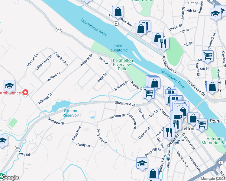 map of restaurants, bars, coffee shops, grocery stores, and more near 51 Roberts Street in Shelton