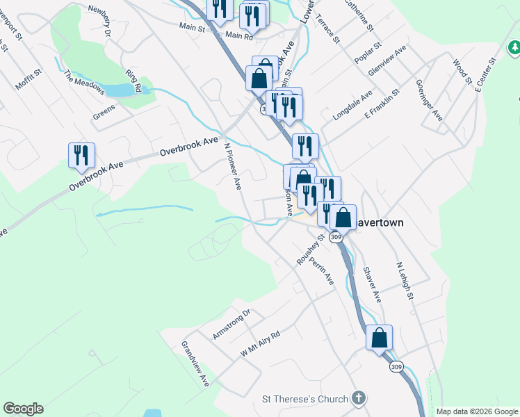 map of restaurants, bars, coffee shops, grocery stores, and more near 160 Brook Street in Shavertown