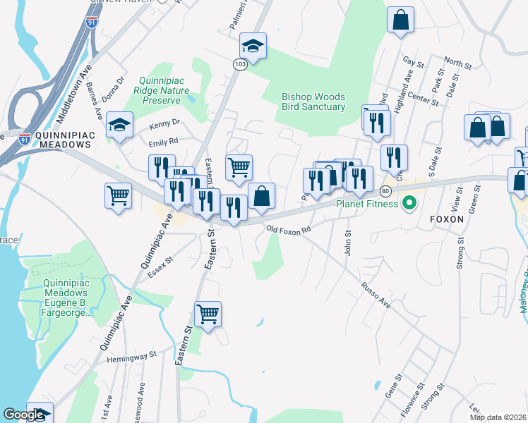 map of restaurants, bars, coffee shops, grocery stores, and more near 490 Foxon Boulevard in New Haven