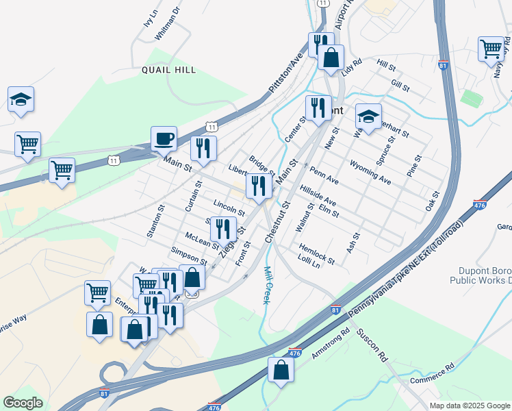 map of restaurants, bars, coffee shops, grocery stores, and more near 322 Main St in Dupont