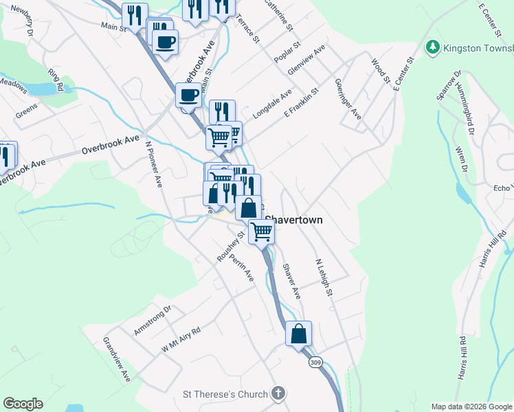 map of restaurants, bars, coffee shops, grocery stores, and more near 142-144 South Main Street in Shavertown