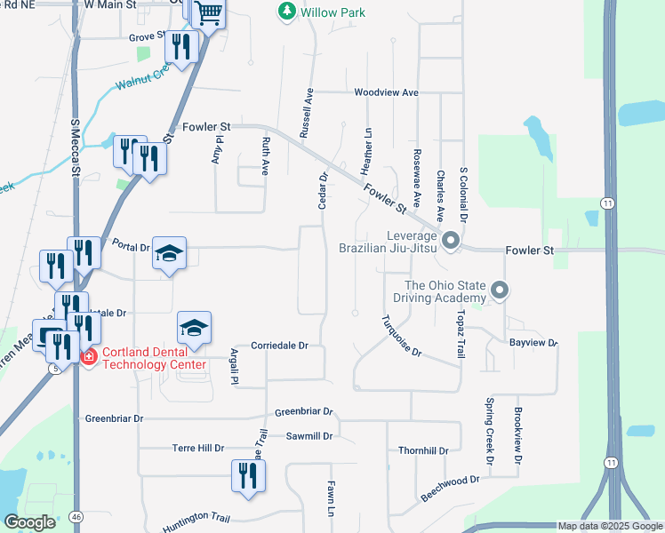 map of restaurants, bars, coffee shops, grocery stores, and more near 621 Cedar Drive in Cortland