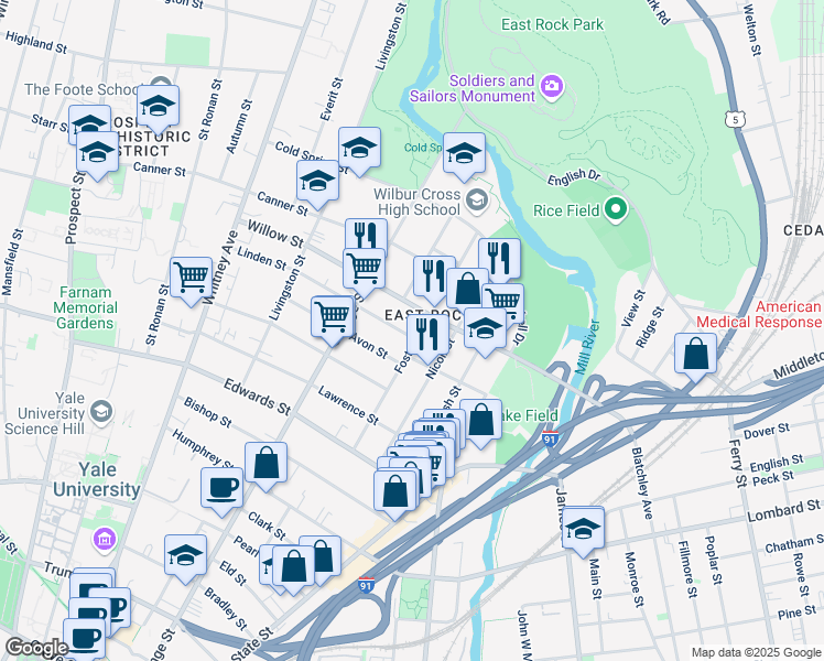 map of restaurants, bars, coffee shops, grocery stores, and more near 14 Linden Street in New Haven