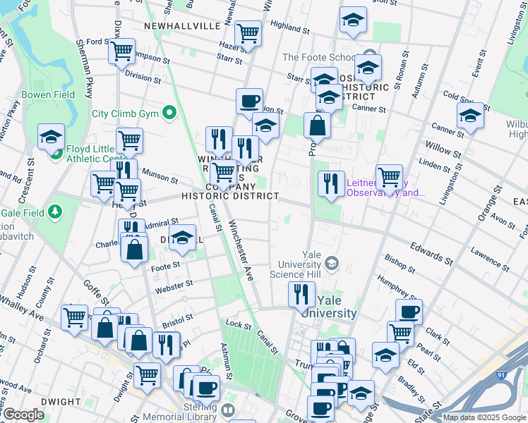 map of restaurants, bars, coffee shops, grocery stores, and more near 27 Tilton Street in New Haven