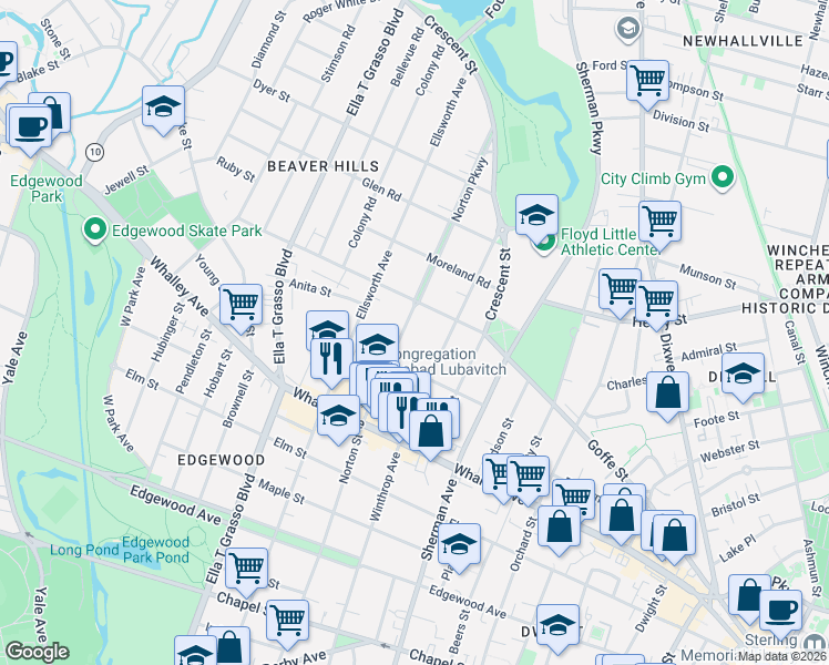 map of restaurants, bars, coffee shops, grocery stores, and more near 566 Winthrop Avenue in New Haven