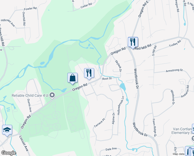 map of restaurants, bars, coffee shops, grocery stores, and more near 1088 Oregon Road in Cortlandt