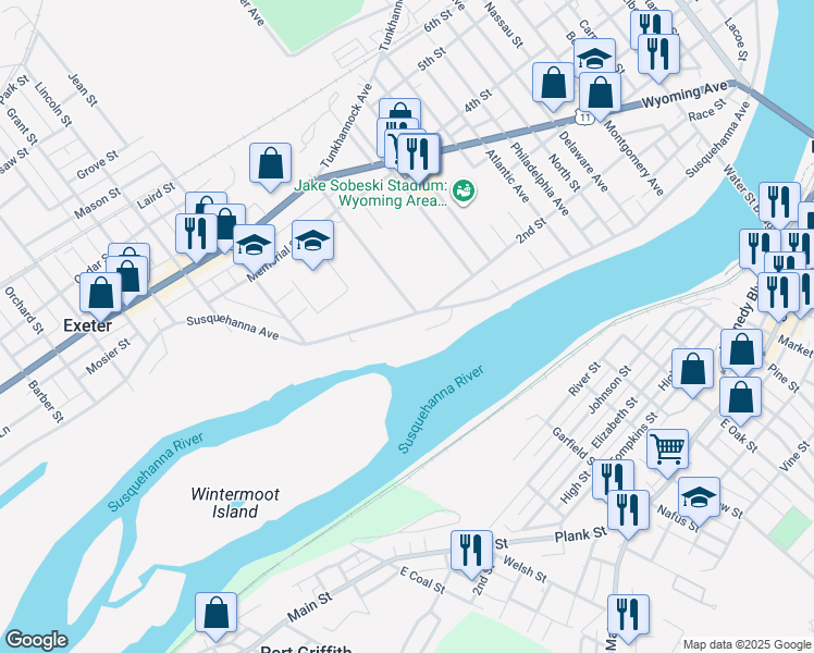 map of restaurants, bars, coffee shops, grocery stores, and more near 163 Susquehanna Avenue in Exeter