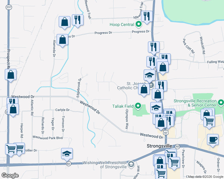 map of restaurants, bars, coffee shops, grocery stores, and more near 12707 Doria Court in Strongsville