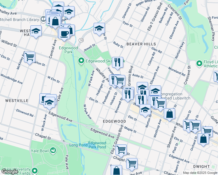 map of restaurants, bars, coffee shops, grocery stores, and more near 154 Pendleton Street in New Haven