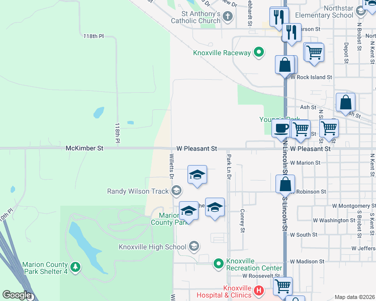 map of restaurants, bars, coffee shops, grocery stores, and more near 1834-2098 West Pleasant Street in Knoxville