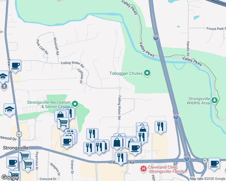 map of restaurants, bars, coffee shops, grocery stores, and more near 17359 Falling Water Road in Strongsville