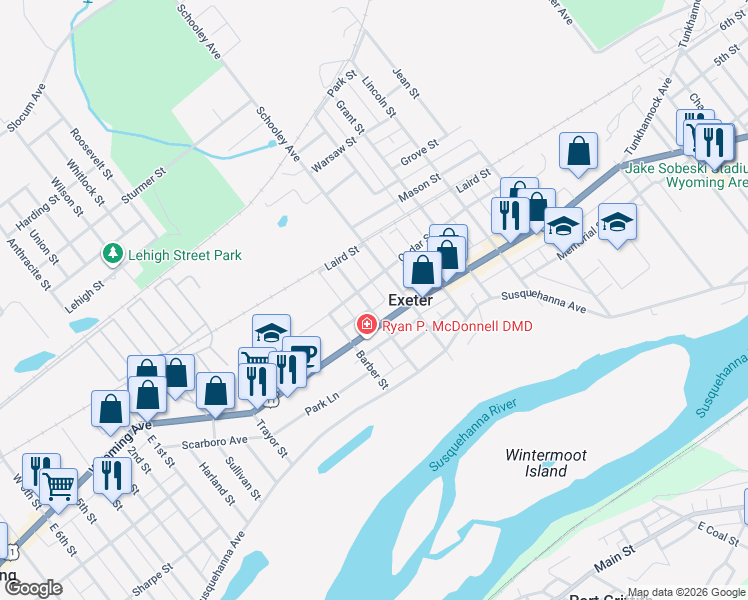 map of restaurants, bars, coffee shops, grocery stores, and more near 107-109 Schooley Ave in Exeter