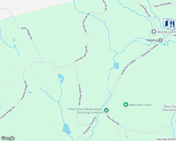 map of restaurants, bars, coffee shops, grocery stores, and more near 121 Picketts Ridge Road in Redding
