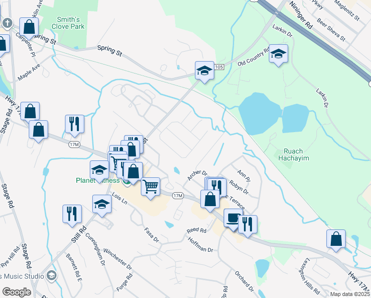 map of restaurants, bars, coffee shops, grocery stores, and more near 17 Sutherland Drive in Monroe