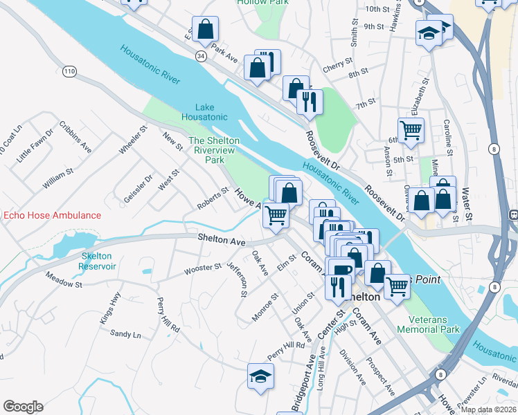 map of restaurants, bars, coffee shops, grocery stores, and more near 638 Connecticut 110 in Shelton