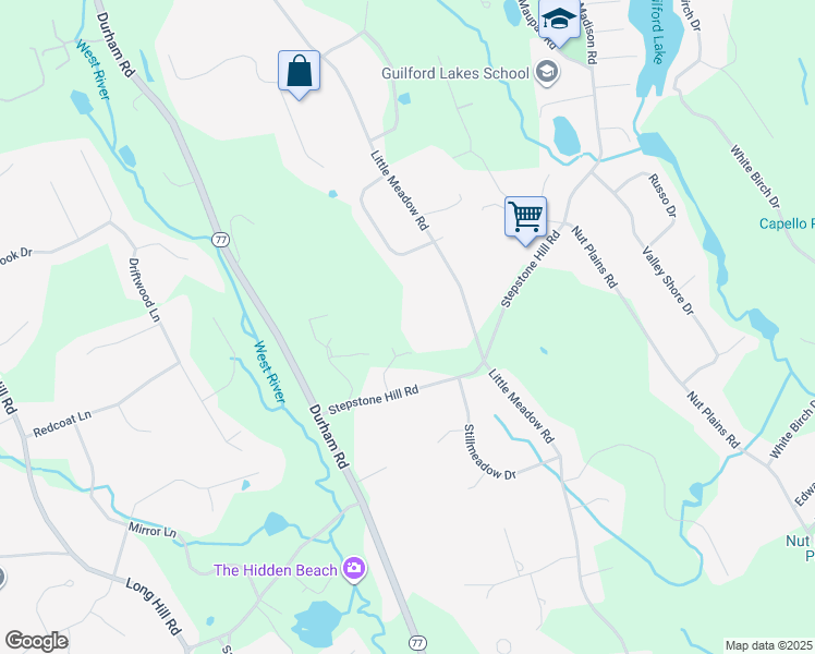 map of restaurants, bars, coffee shops, grocery stores, and more near 72 Stepstone Hill Road in Guilford