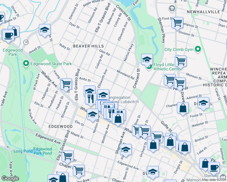 map of restaurants, bars, coffee shops, grocery stores, and more near 566 Winthrop Avenue in New Haven