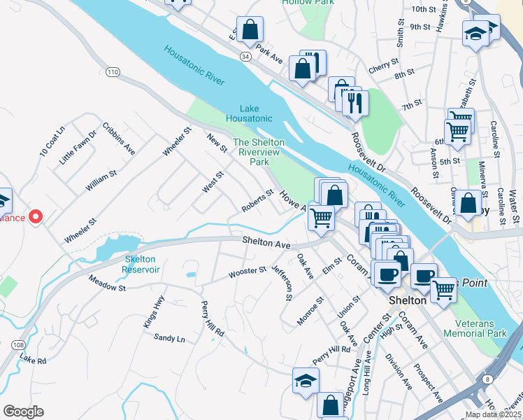 map of restaurants, bars, coffee shops, grocery stores, and more near 14 Lakeview Avenue in Shelton