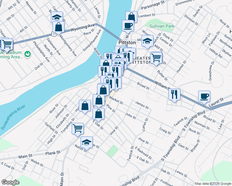 map of restaurants, bars, coffee shops, grocery stores, and more near 7 Spring Street in Pittston