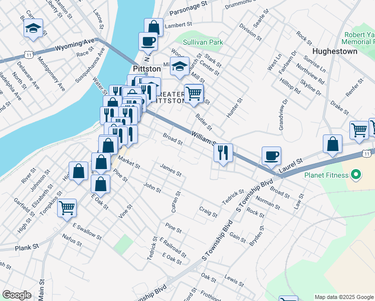 map of restaurants, bars, coffee shops, grocery stores, and more near 13 Tunnel St in Pittston