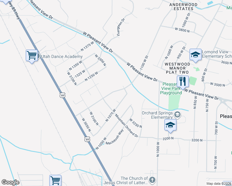 map of restaurants, bars, coffee shops, grocery stores, and more near 3352 North 1100 West in Pleasant View