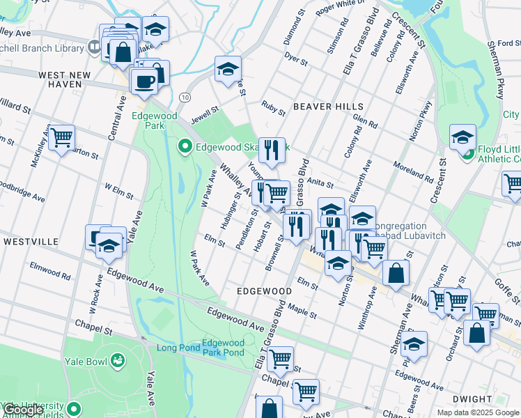 map of restaurants, bars, coffee shops, grocery stores, and more near 560 Whalley Avenue in New Haven