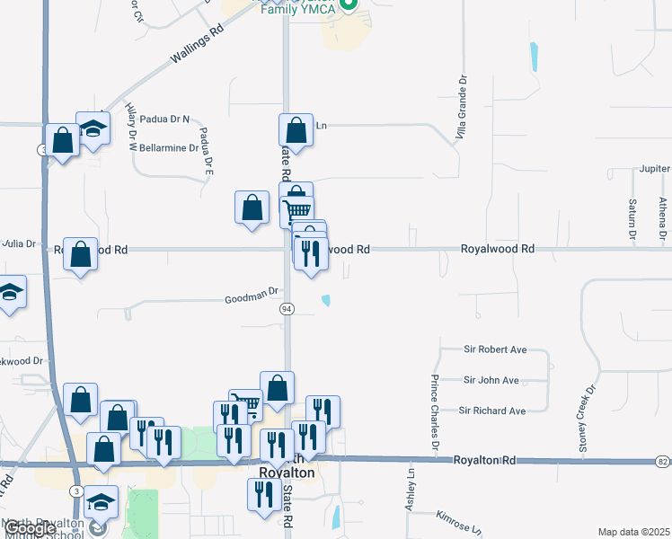 map of restaurants, bars, coffee shops, grocery stores, and more near 5291 Royalwood Road in North Royalton