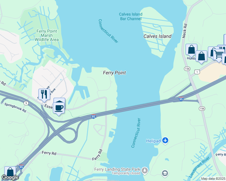 map of restaurants, bars, coffee shops, grocery stores, and more near 18 Riverside Avenue in Old Saybrook