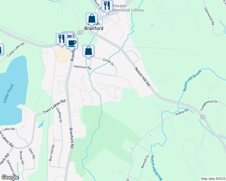 map of restaurants, bars, coffee shops, grocery stores, and more near 33-79 Harrison Rd in North Branford