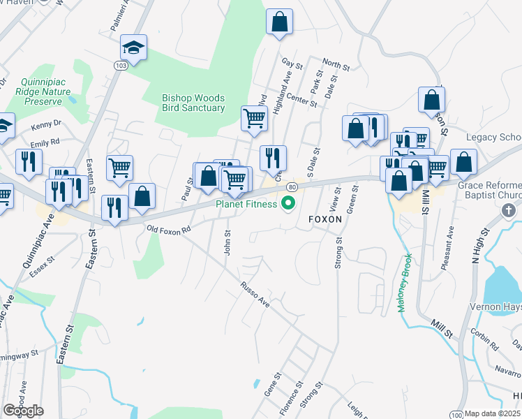 map of restaurants, bars, coffee shops, grocery stores, and more near 32 Old Foxon Road in East Haven