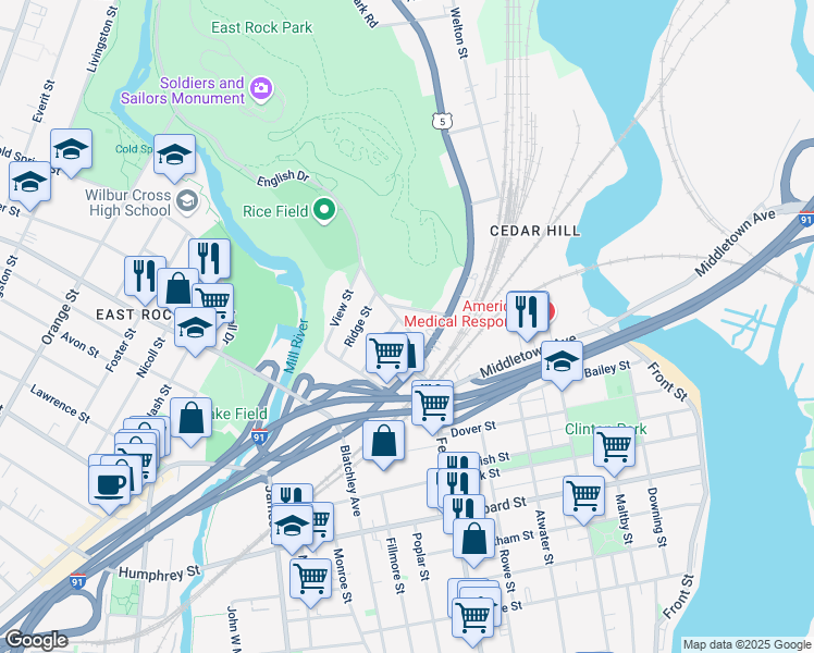 map of restaurants, bars, coffee shops, grocery stores, and more near 15 Grace Street in New Haven
