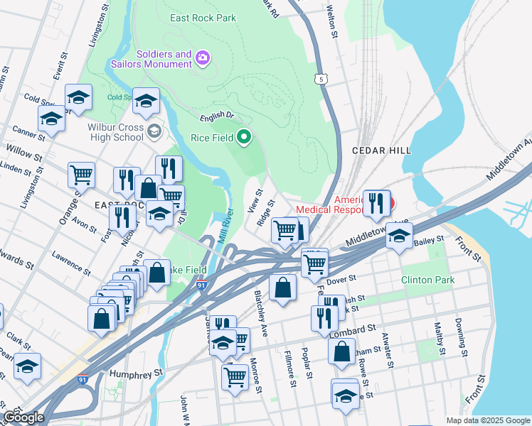 map of restaurants, bars, coffee shops, grocery stores, and more near 26 Ridge Street in New Haven