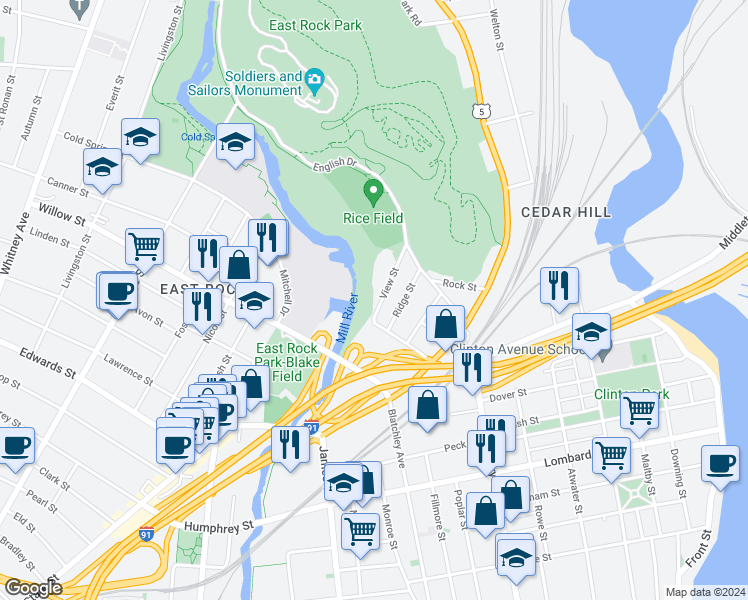 map of restaurants, bars, coffee shops, grocery stores, and more near 26 Ridge Street in New Haven