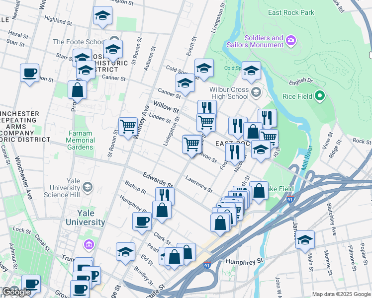map of restaurants, bars, coffee shops, grocery stores, and more near 730 Orange Street in New Haven