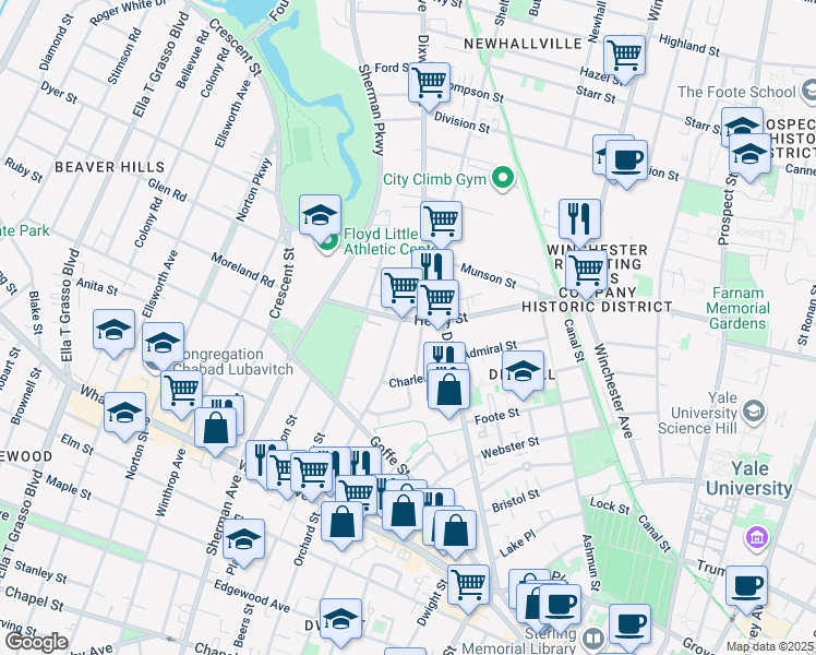 map of restaurants, bars, coffee shops, grocery stores, and more near 725 Orchard Street in New Haven
