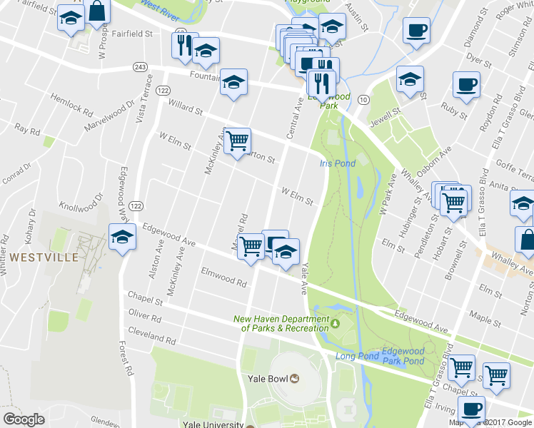 map of restaurants, bars, coffee shops, grocery stores, and more near 421 Central Avenue in New Haven
